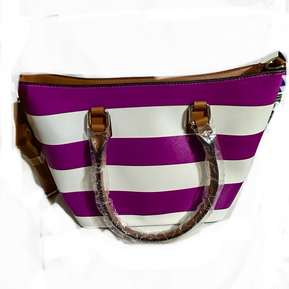 Purse NEW Purple and White Striped Women's Tote Bag Crossbody Spring Casual Chic - Picture 2 of 7